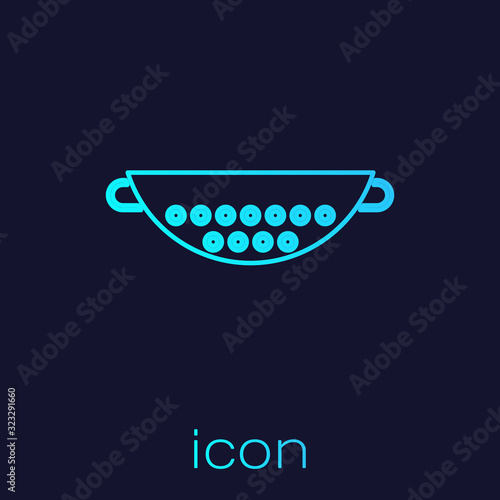 Turquoise line Kitchen colander icon isolated on blue background. Cooking utensil. Cutlery sign. Vector Illustration