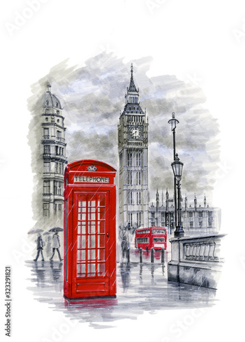 Obrazy Londyn  big-ben-na-reprodukcji-akwareli-londyn-szarej-z-czerwonym