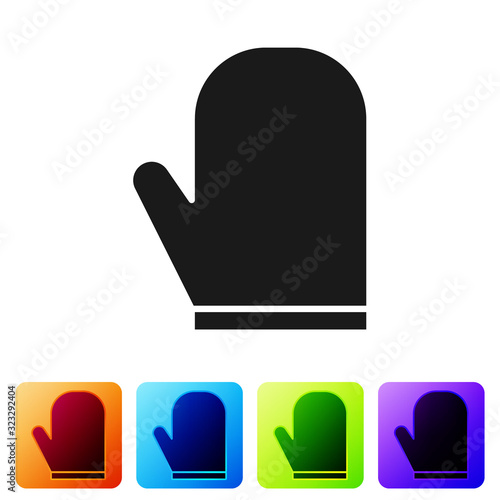 Black Oven glove icon isolated on white background. Kitchen potholder sign. Cooking glove. Set icons in color square buttons. Vector Illustration