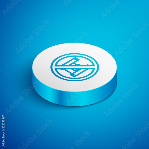 Isometric line Say no to plastic bags poster icon isolated on blue background. Disposable cellophane and polythene package prohibition sign. White circle button. Vector Illustration