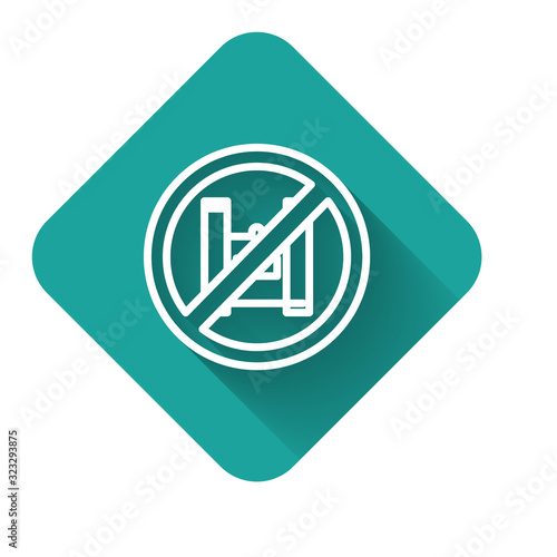 White line Say no to plastic bags poster icon isolated with long shadow. Disposable cellophane and polythene package prohibition sign. Green square button. Vector Illustration