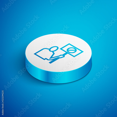 Isometric line Nature saving protest icon isolated on blue background. Earth planet protection, environmental issues demonstration. White circle button. Vector Illustration