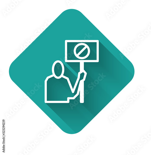 White line Nature saving protest icon isolated with long shadow. Earth planet protection, environmental issues demonstration. Green square button. Vector Illustration