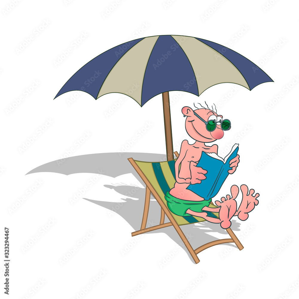 A cartoon man is sitting on a beach chair under an umbrella and reading a book. Vector illustration on a white background.