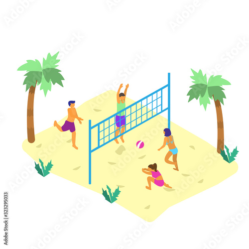 Isometric vector illustration of beach scene with tiny people in swim suits playing beach volley.