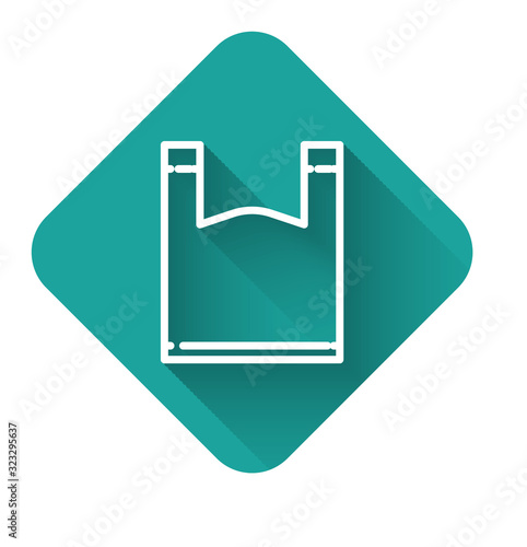 White line Plastic bag icon isolated with long shadow. Disposable cellophane and polythene package prohibition sign. Green square button. Vector Illustration