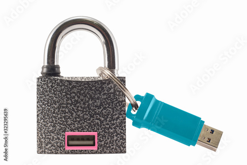 Flash drive and closed lock. Encryption and data security.