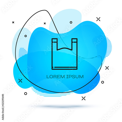 Line Plastic bag icon isolated on white background. Disposable cellophane and polythene package prohibition sign. Abstract banner with liquid shapes. Vector Illustration