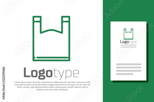 Green line Plastic bag icon isolated on white background. Disposable cellophane and polythene package prohibition sign. Logo design template element. Vector Illustration