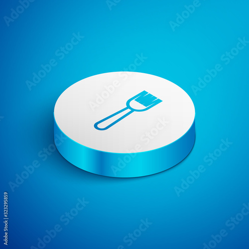 Isometric line Disposable plastic fork icon isolated on blue background. White circle button. Vector Illustration