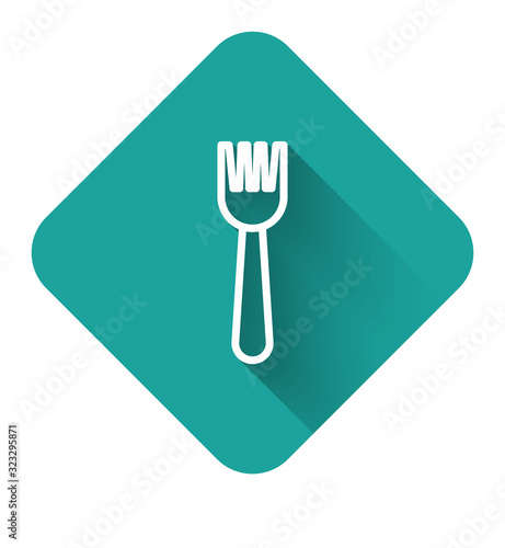 White line Disposable plastic fork icon isolated with long shadow. Green square button. Vector Illustration