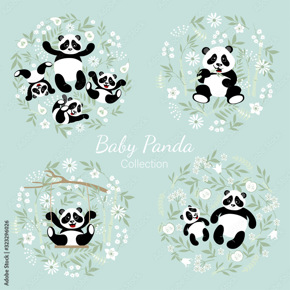 Obraz premium Baby panda collection. Cute little pandas with mom. The illustrations are decorated with floral elements.