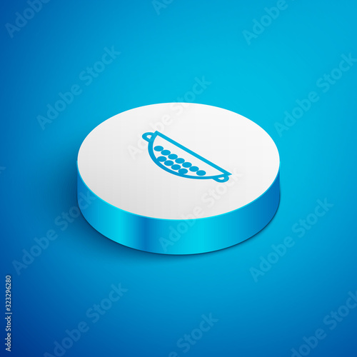 Isometric line Kitchen colander icon isolated on blue background. Cooking utensil. Cutlery sign. White circle button. Vector Illustration