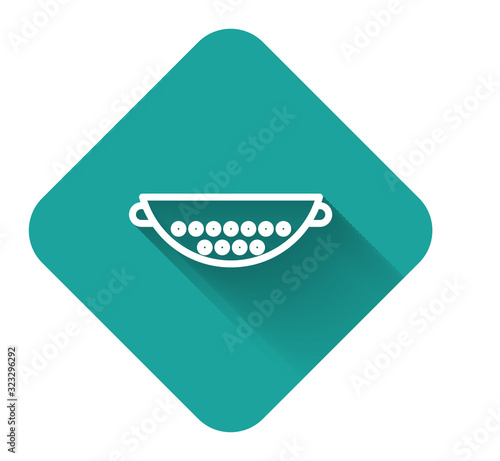 White line Kitchen colander icon isolated with long shadow. Cooking utensil. Cutlery sign. Green square button. Vector Illustration
