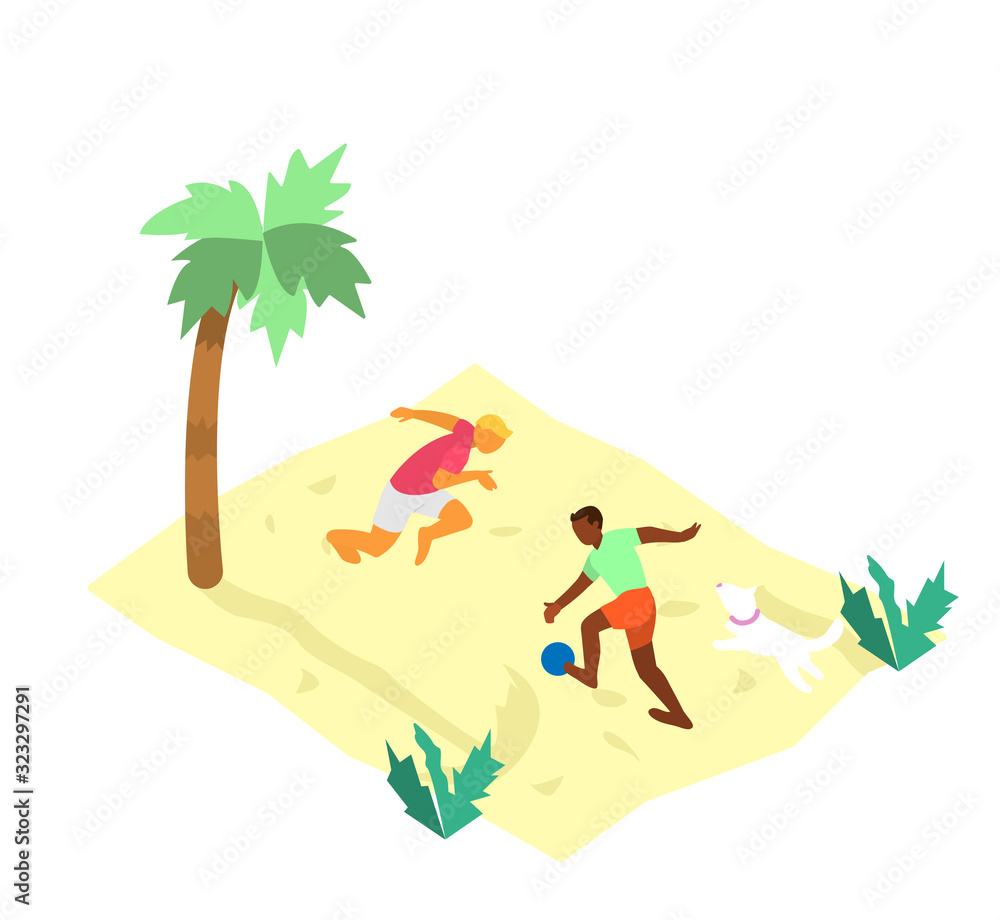 Isometric illustration of two men playing beach football on the beach with palm and little dog. Isometric people. Summer activities.