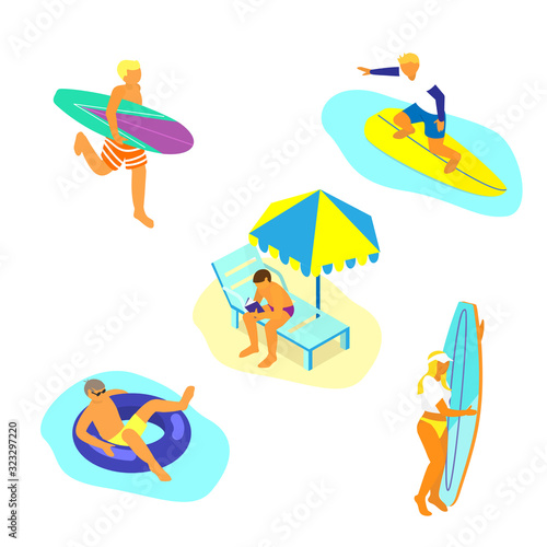 Isometric set of people doing summer activities. Man swimming in a ring, surfing, reading in sun bed, running with surfboard, woman holding surf.