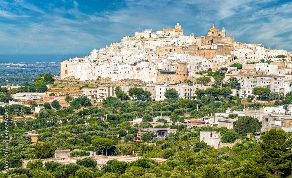 Panoramic sight in Ostuni on a sunny summer day, Apulia (Puglia), southern Italy.