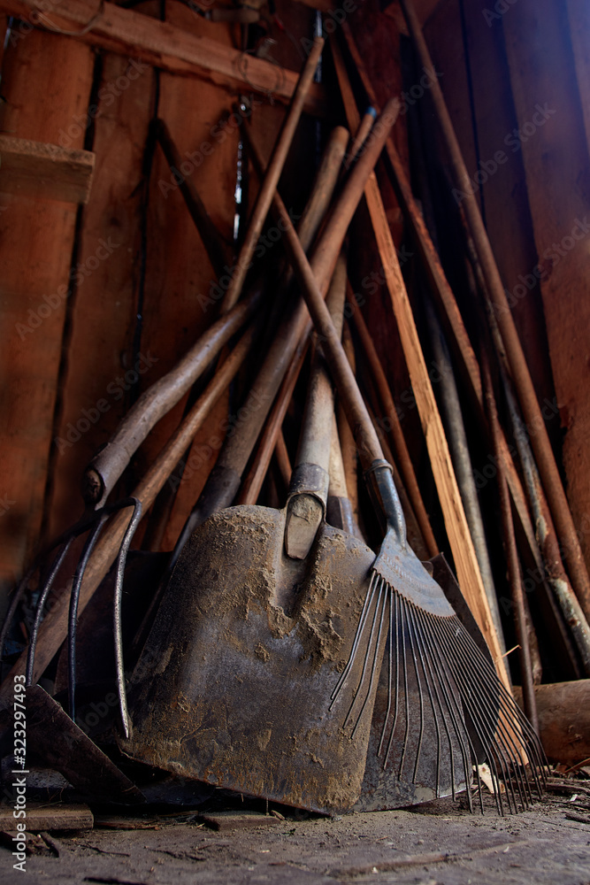 farmer tool in a wooden barn