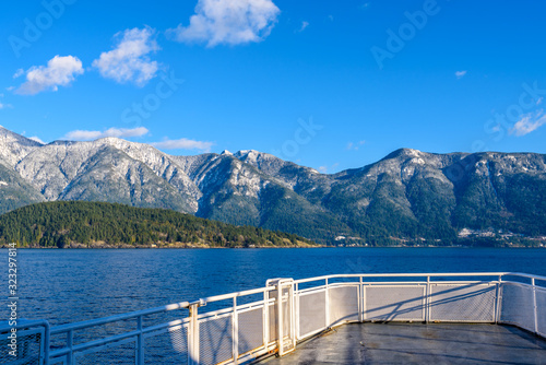 Fantastic view over ocean  snow mountain and rocks at Sechelt inlet in Vancouver  Canada.