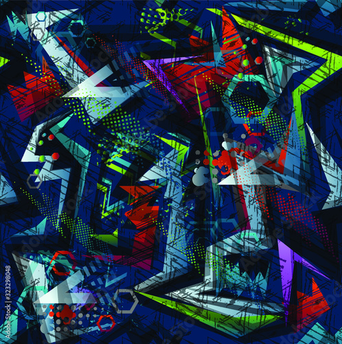 Abstract seamless grunge urban pattern. Colorful multilayer wall with across curved line, arrow, triangles. Grungy style wallpaper. Geometric repeated backdrop for boy, sport textile, clothes. 