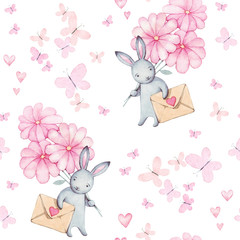 Wandcirkels Aquarel prints patronen Beautiful seamless watercolor pattern with cute rabbit in hat and pink flowers, butterfly and heart.Perfect for your project, packaging, wallpaper, cover design, invitations, birthday, valentine's day  © BloomPix