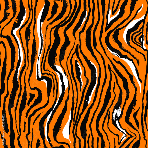 Vector illustration tiger print seamless pattern. Orange and black hand drawn background.