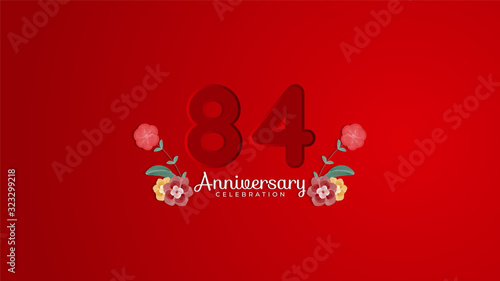 84th Anniversary celebration. Emboss number with Gradient red background and flowers decoration. Modern elegant simple background design vector EPS 10. Can be used for company or wedding.