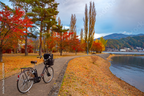 Kawaguchiko. Japan. Bike in the Yagizaki park. Cycling along the promenade. Panorama of the Japanese park. Bike in the background of a park in Fujikawaguchiko. Japan travel guide. Kawaguchiko Coast photo