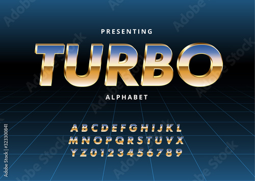 Retro Futuristic 80s font style. Vector alphabet with chrome effect template for game title, poster headline, old style