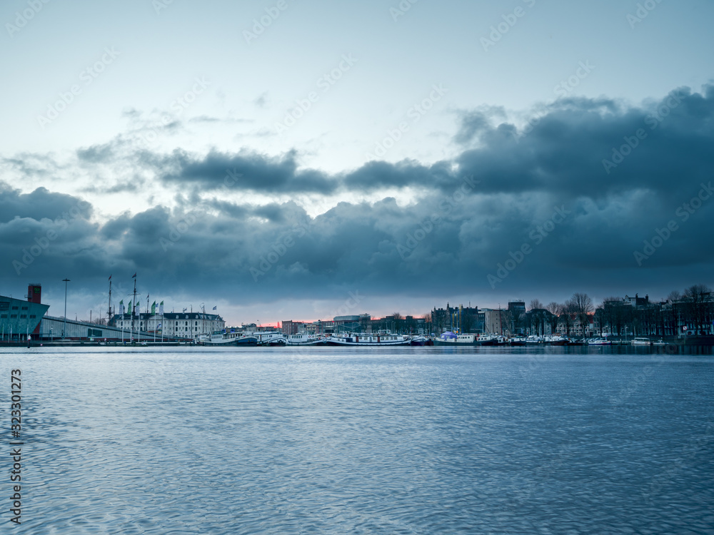 Amsterdam Port city shape during sunrise