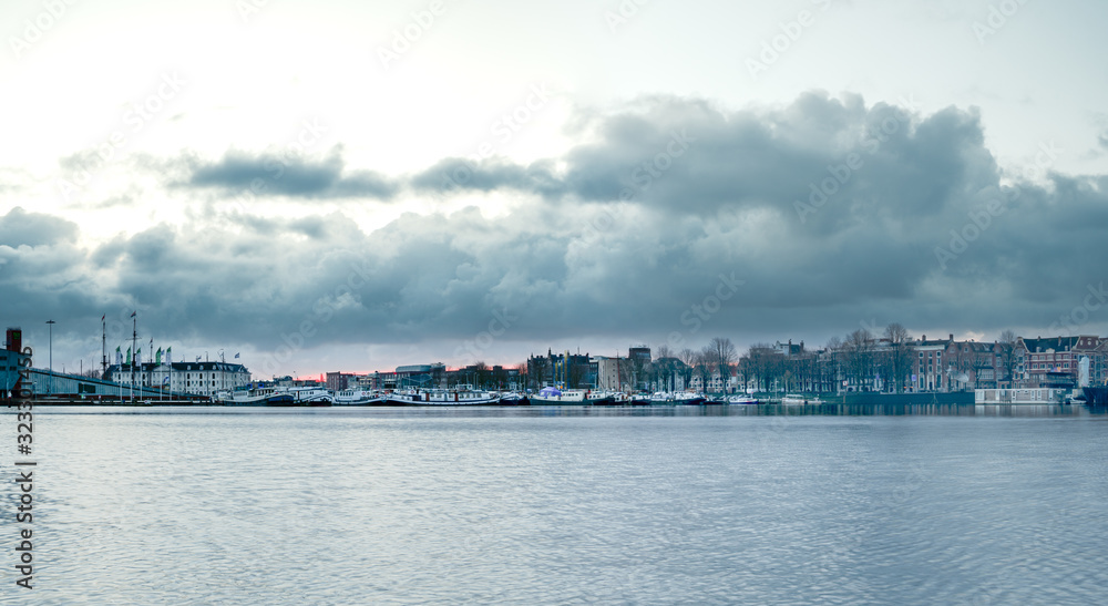 Amsterdam Port city shape during sunrise