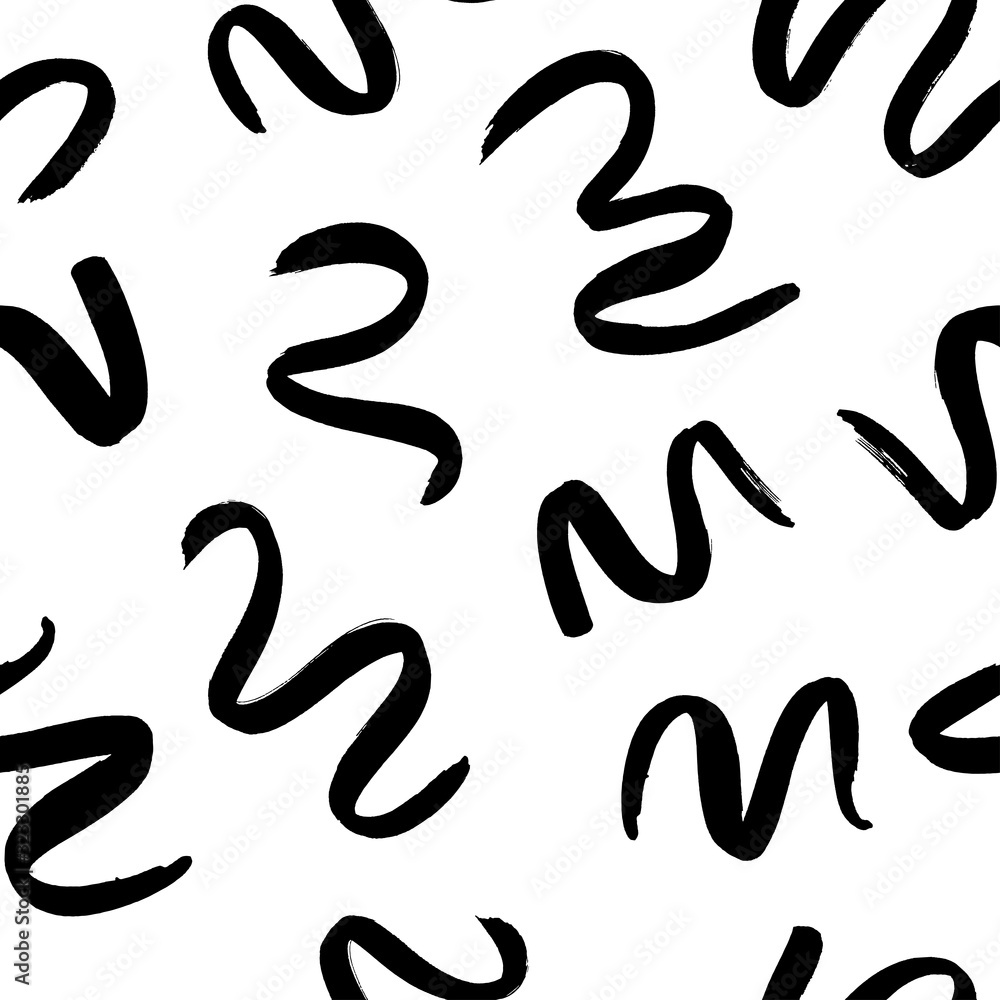 Swirls and curls vector seamless pattern. Grunge black paint brush strokes. Curly hair imitation doodle ornament. Swirls and curls vector seamless pattern. Grunge black paint brush strokes. Curly hair imitation doodle ornament.
