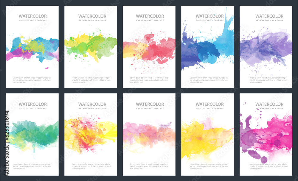 Bundle set of bright colorful vector watercolor backgrounds for poster, brochure or flyer