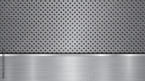 Background in silver and gray colors, consisting of a perforated metallic surface with holes and one horizontal polished plate located below, with a metal texture, glares and shiny edges