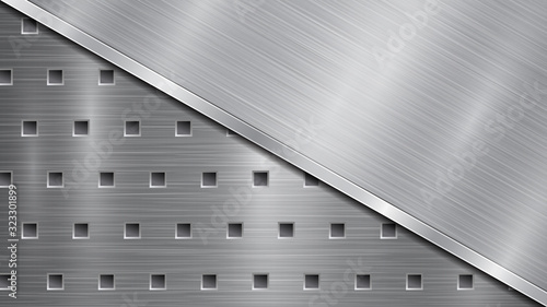Background in silver and gray colors, consisting of a perforated metallic surface with holes and one big polished plate located in diagonal, with a metal texture, glares and shiny edge
