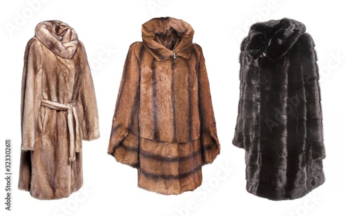 Ornate female fur coat made from mink fur isolated on white background