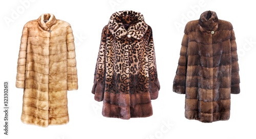 Ornate female fur coat made from mink fur isolated on white background