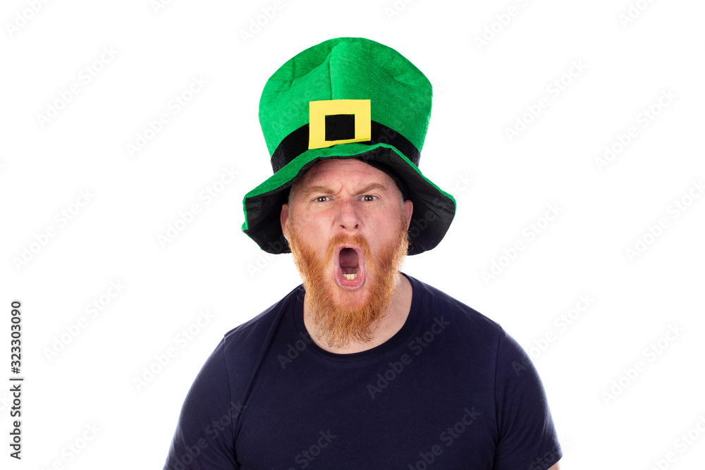 Red haired man with long beard and green hat shouting Red haired man with long beard and green hat shouting