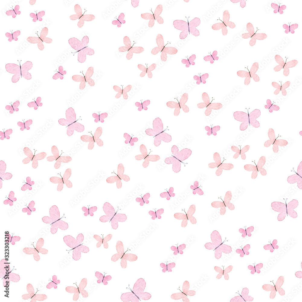 Amazing colorful background with butterflies painted with watercolors. Cute seamless watercolor butterflies pattern on white background. Hand drawn illustration. Trendy pink cartoon. 