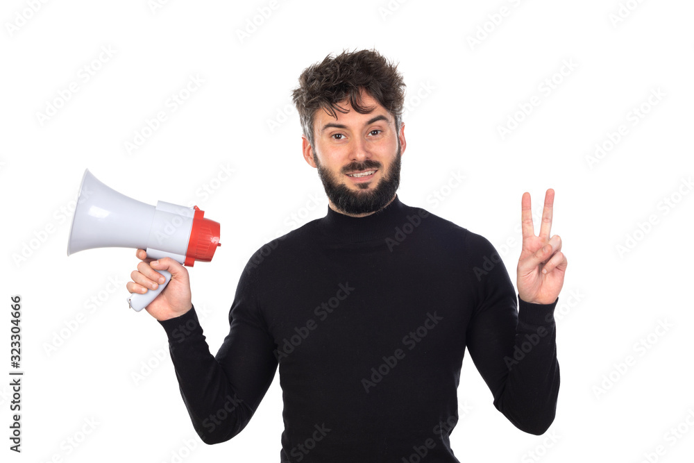 Young man in black with a megaphone Young man in black with a megaphone