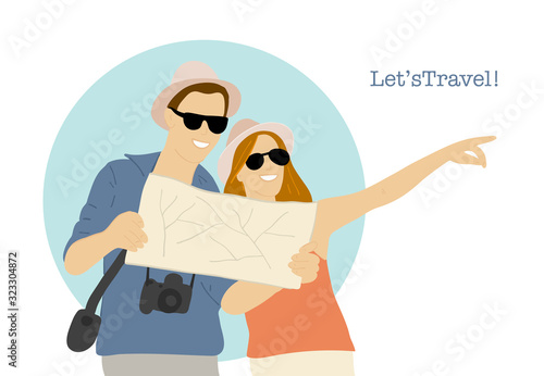 Young couple of travelers with map. Vacations and travel. Happy friends trave...
