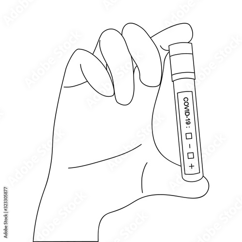 Diagnosis for coronavirus infection COVID-19. Sketch. Coloring book. Vector illustration. Outline on an isolated background. Test tube with patient analysis in the hands of a laboratory assistant. 