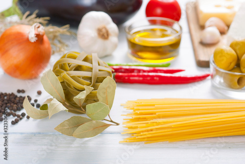 mediterranean food ingredients on white wood table