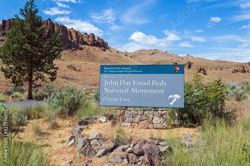 The sign welcoming visitors to the Clarno Unit of the John Day Fossil Beds National Monument, Oregon, USA photo