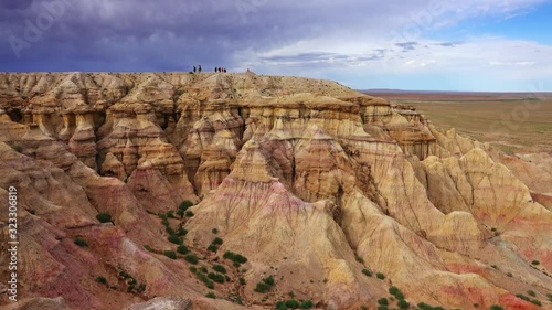 Panorama view of textural colorful striped canyons Tsagaan suvarga - White stupa. Ulziit soum, Dundgovi province, Mongolia, 4k photo