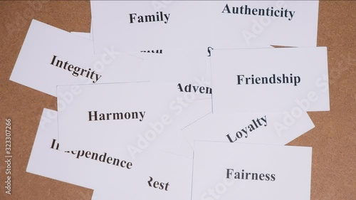 stop motion, chaotic bunch of CORE VALUE words on paper cards are appearing