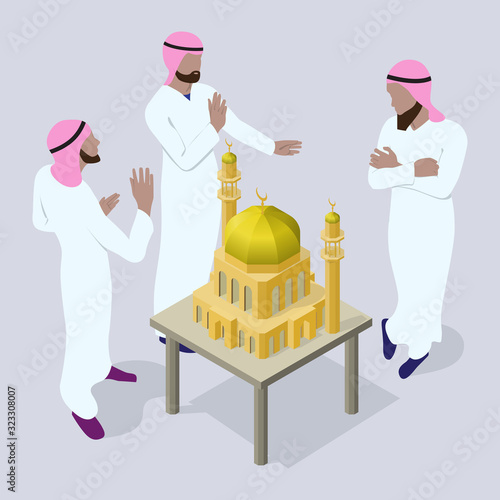 Three arab men are considering layout of mosque. Architects are developing muslim temple building design. Scene of people in isometric view.