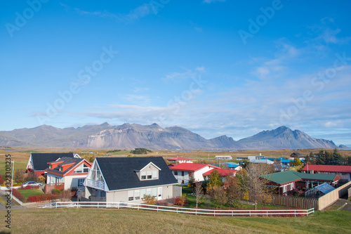 Buildings in town of Hornafjordur in Iceland