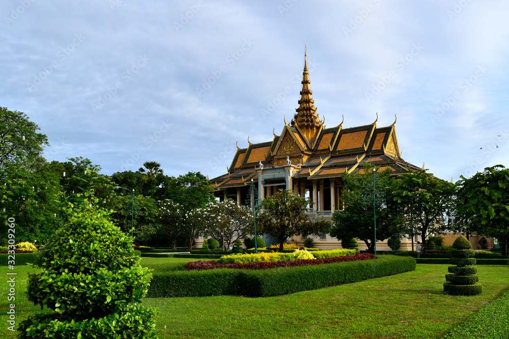 View of a building and adjacent gardens in the Royal Palace complex of Phnom Penh View of a building and adjacent gardens in the Royal Palace complex of Phnom Penh