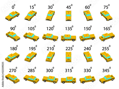 A set of 24 taxi car from different angles. Animation of the rotation of a taxi car by 15 degrees. 